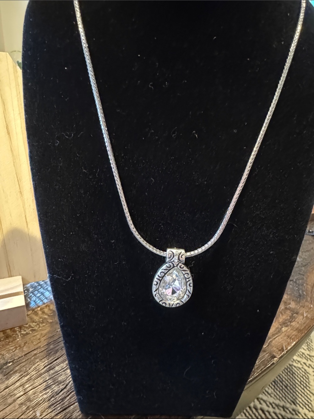 Vintage Brighton Silver Teardrop Pendant Necklace with Clear Crystal